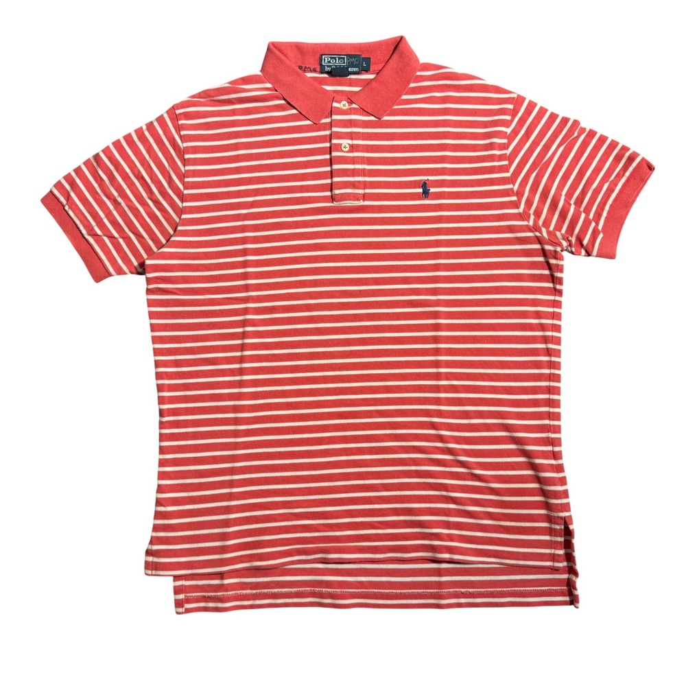 Vintage Polo Ralph‎ Lauren Mens Large Red White Striped Short Sleeve Polo Shirt